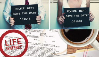 Police mugshot wedding save‑the‑date.