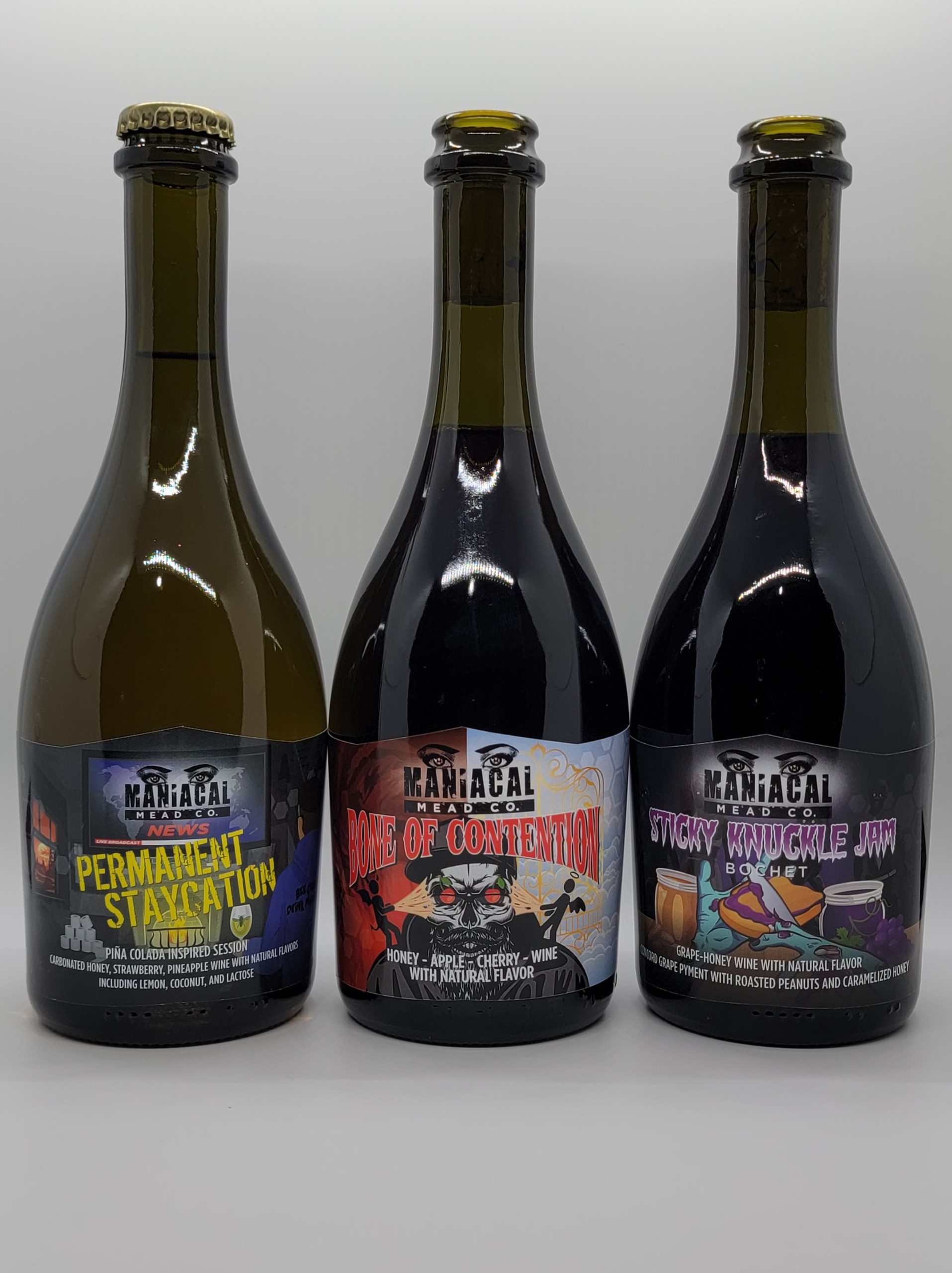 Three bottled mead products with custom labels