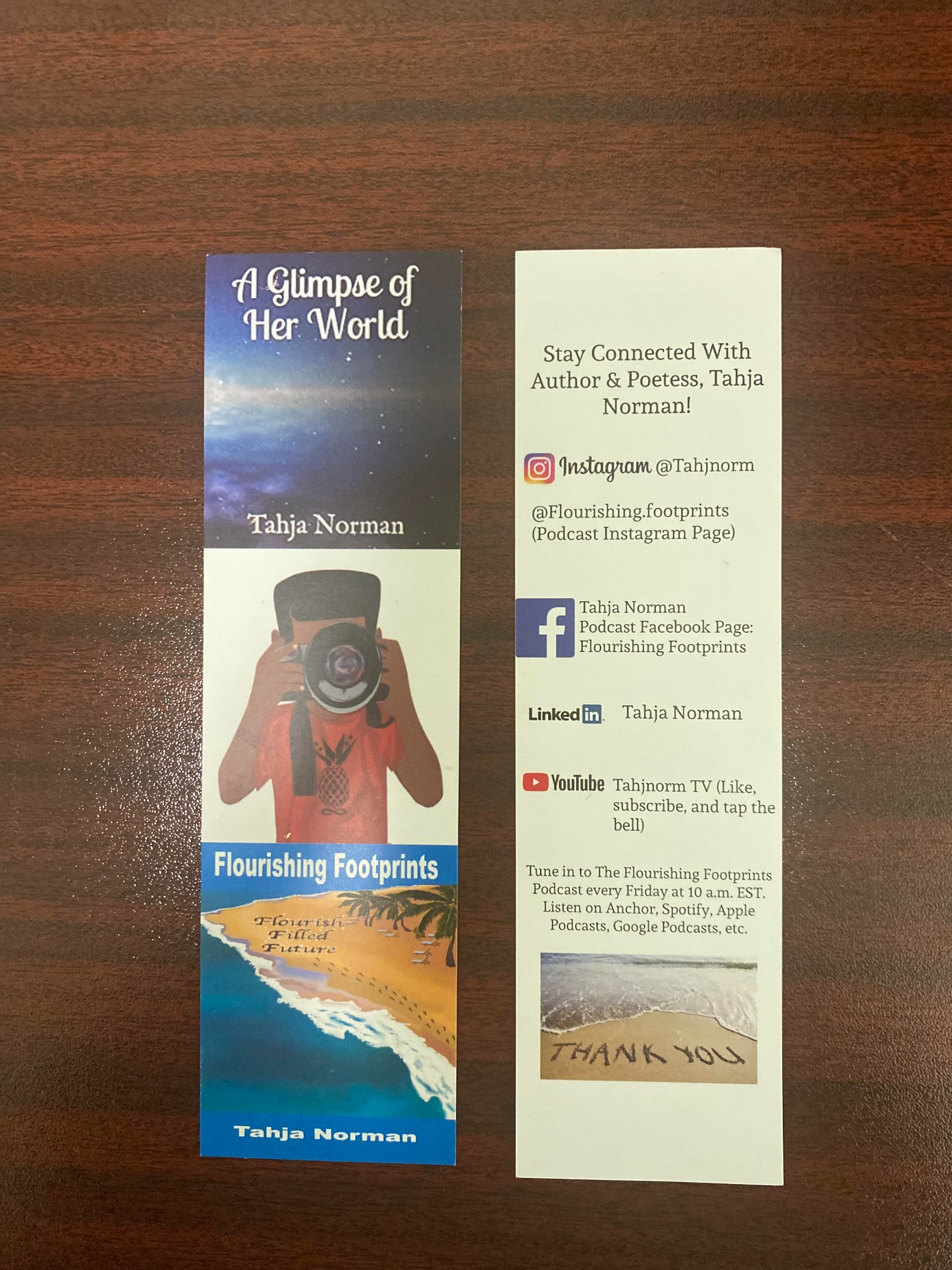 Custom author bookmark featuring books and social media links