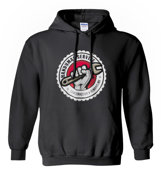 Black hoodie with handyman service logo.