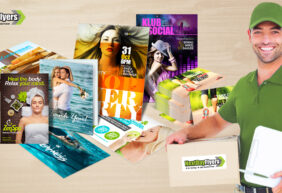 NextDayFlyers print products and courier holding a package.