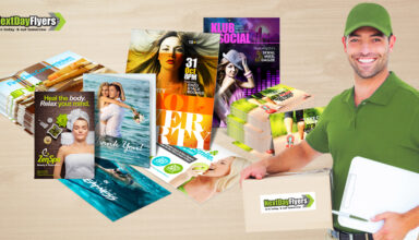 NextDayFlyers print products and courier holding a package.