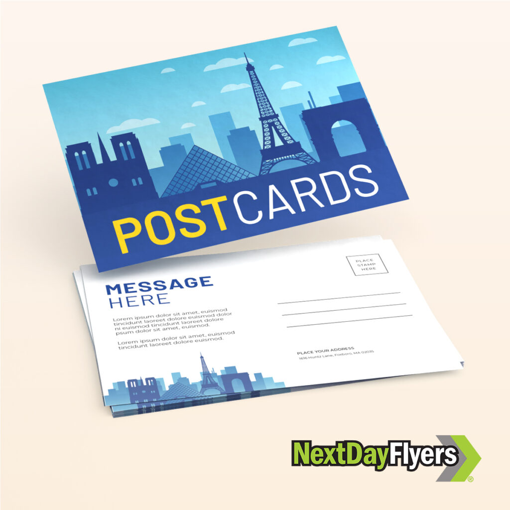 Promotional postcard design featuring landmarks.
