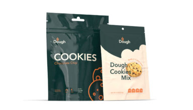 Two standing pouches for Dough brand chocolate chip cookies and cookie mix