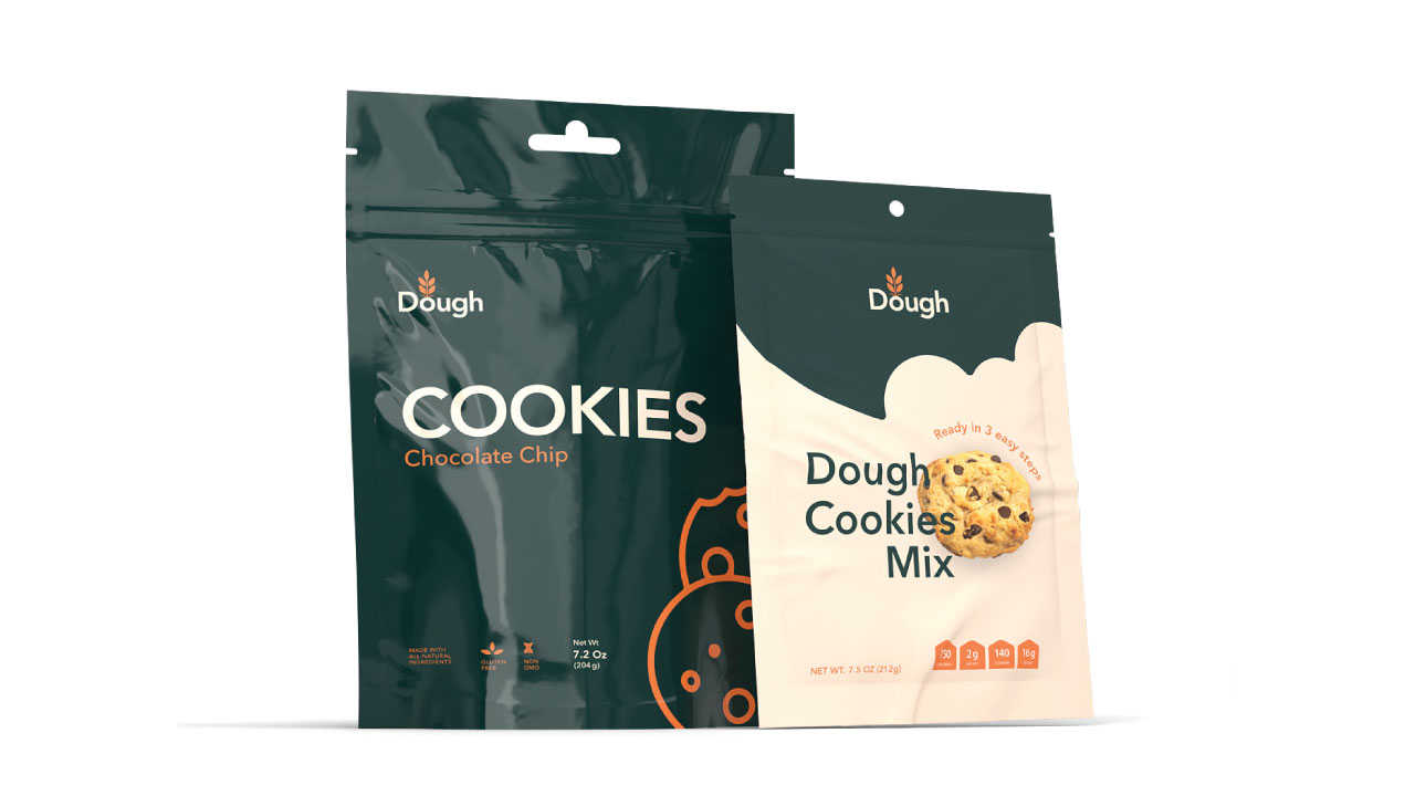 Two standing pouches for Dough brand chocolate chip cookies and cookie mix