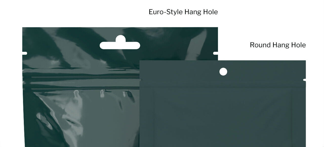 Comparison of Euro-style and round hang holes on packaging pouches