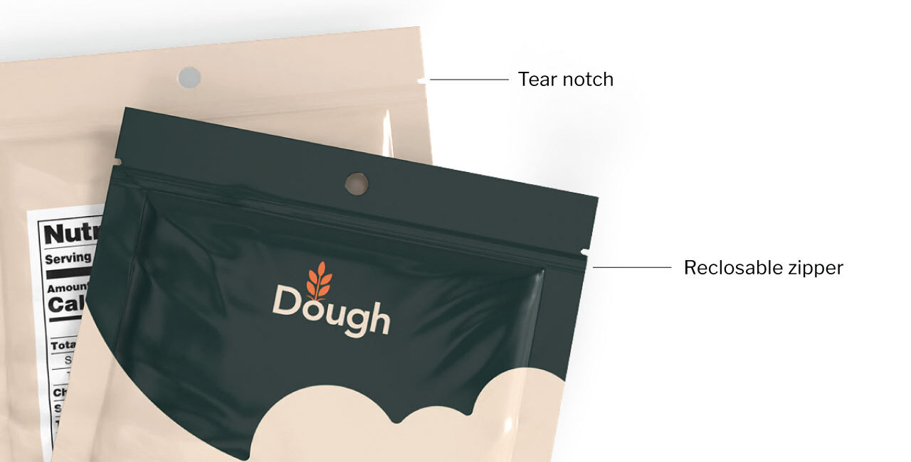 Close-up of packaging pouches highlighting a tear notch and reclosable zipper