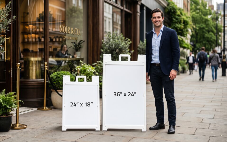 Man standing next to 24"x18" and 36"x24" white A-frame sidewalk signs.