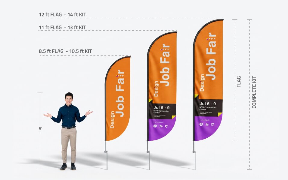 Man posing beside three orange feather flags in varying heights up to 14 feet.