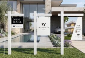 Three hanging real estate post signs showing 18", 24", and 36" width options.