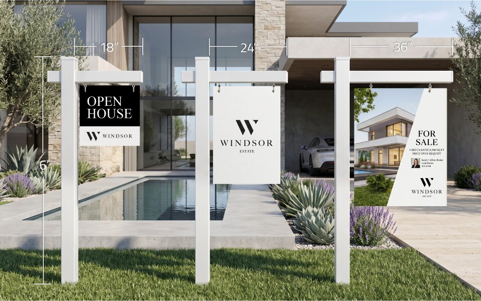 Three hanging real estate post signs showing 18", 24", and 36" width options.