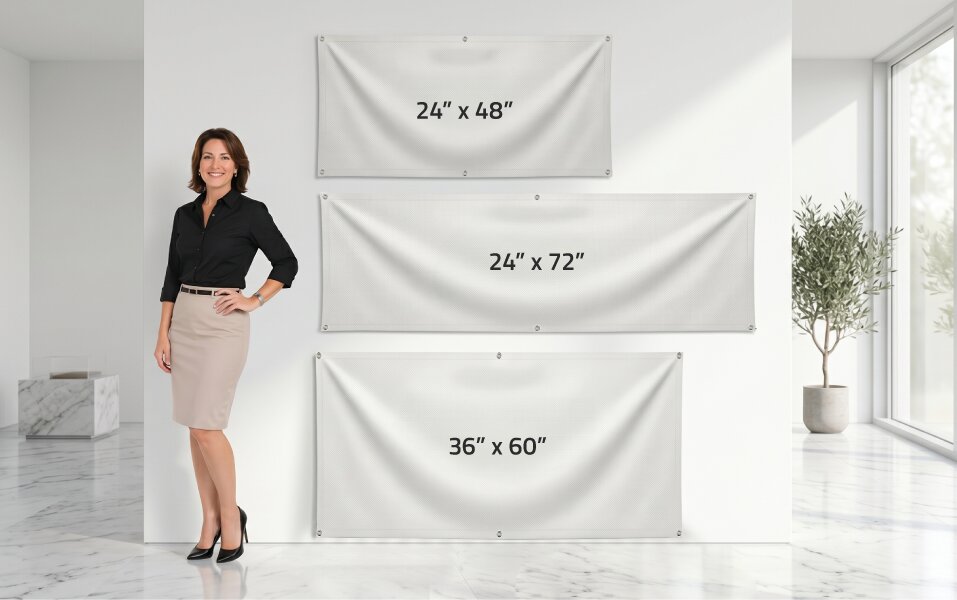 Woman standing next to a wall displaying 24"x48", 24"x72", and 36"x60" vinyl banners.