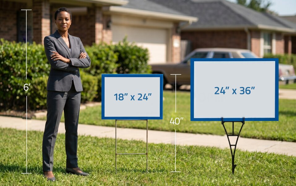 Woman standing in a lawn beside 18"x24" and 24"x36" lawn signs with stakes.