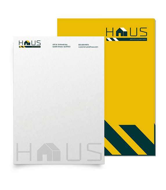 Modern real estate brand identity letterhead and folder mockup.