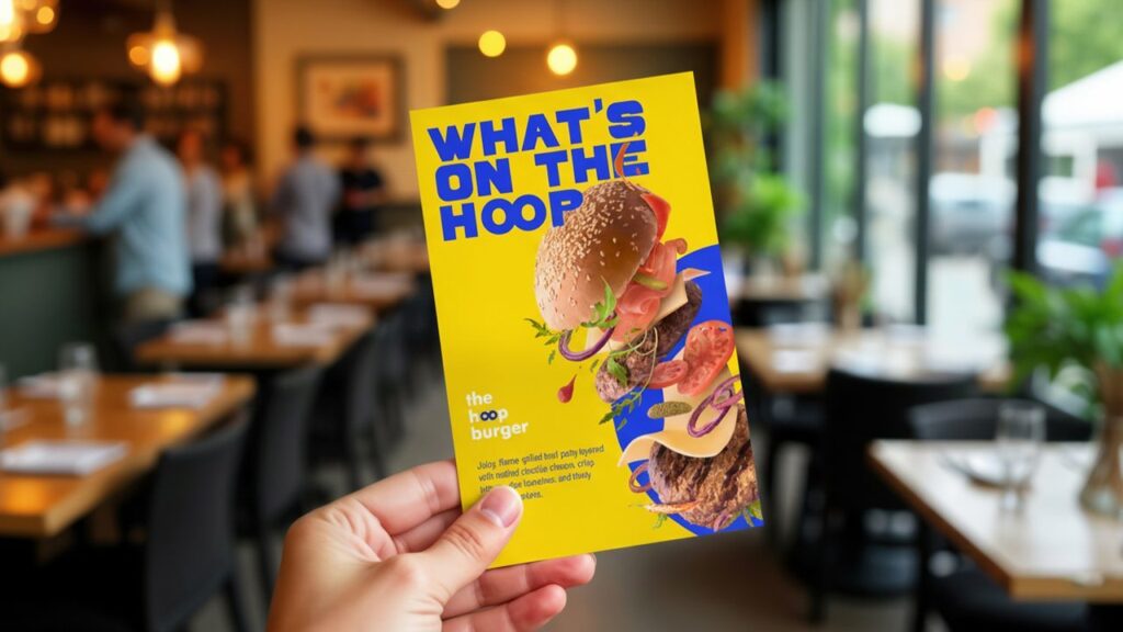 Hand holding burger flyer in restaurant.