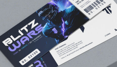 Front and back view of printed "Blitz Wars" football match event tickets with barcodes.