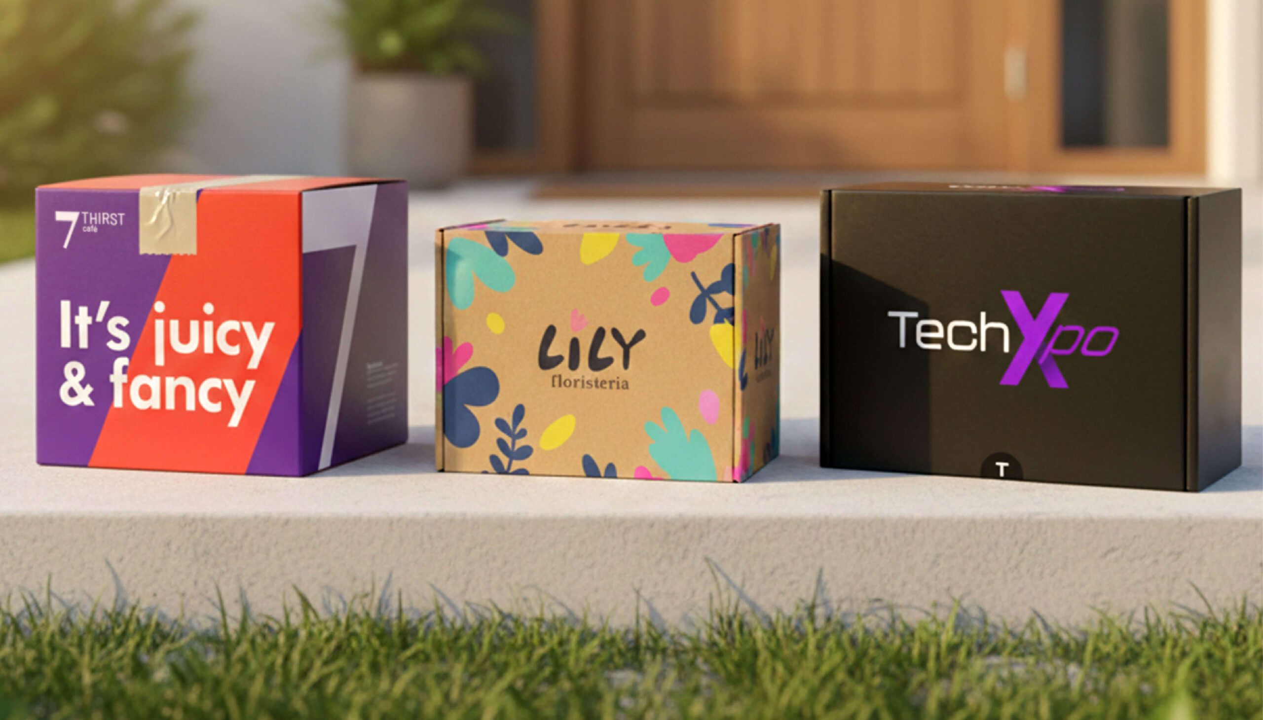 Three colorful branded product boxes outdoors.