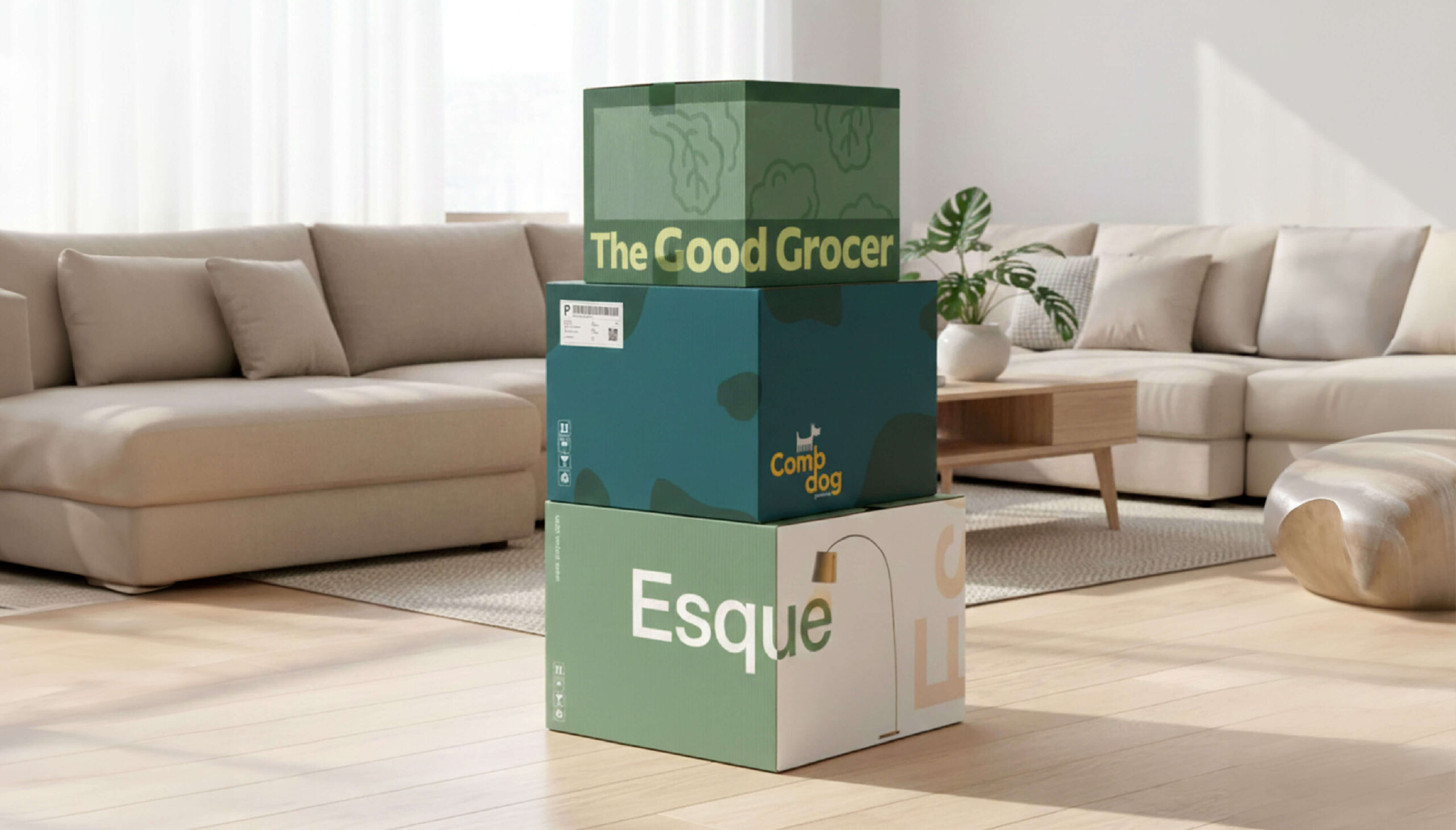 Stacked branded boxes in modern living room.