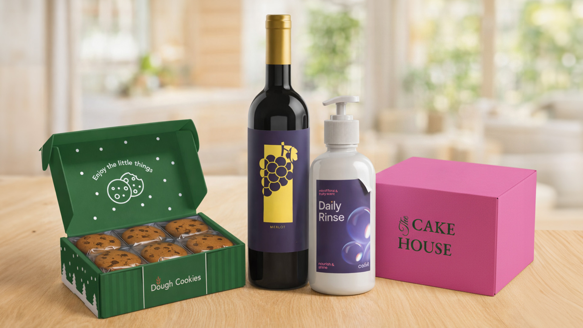 Gift box packaging, a wine bottle, and a lotion bottle displayed on a tabletop.
