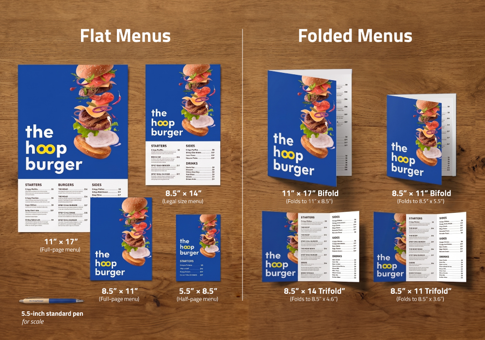 Comparison layout of flat and folded menu options in various standard dimensions on a wooden background.