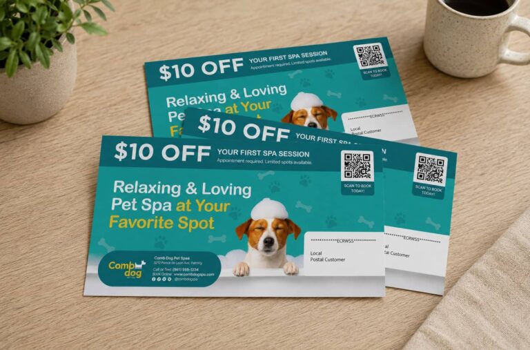 Pet spa promotional postcards displayed on a tabletop.