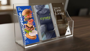 Three different promotional rack cards arranged in a clear acrylic countertop display stand.