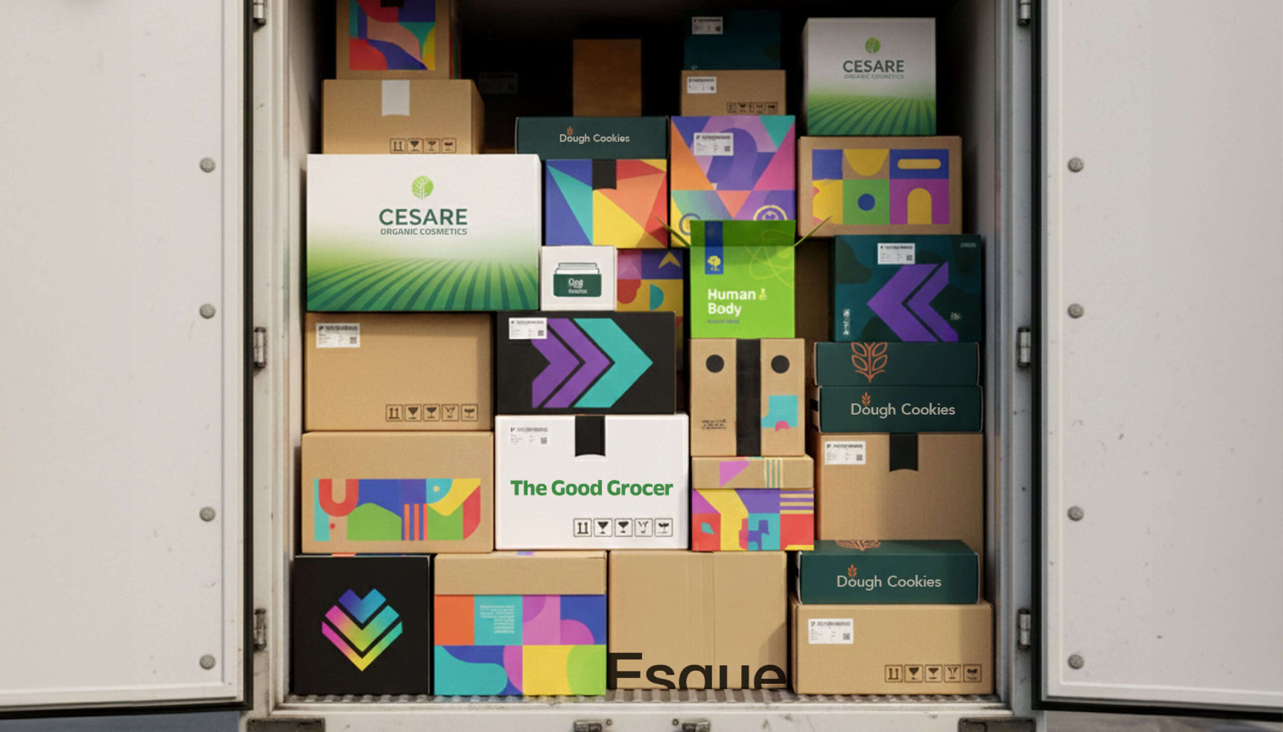 Delivery truck filled with branded boxes.
