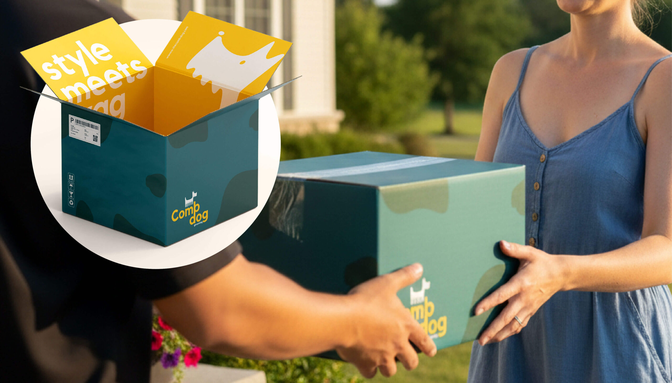Hands exchanging teal compdog packaging box.