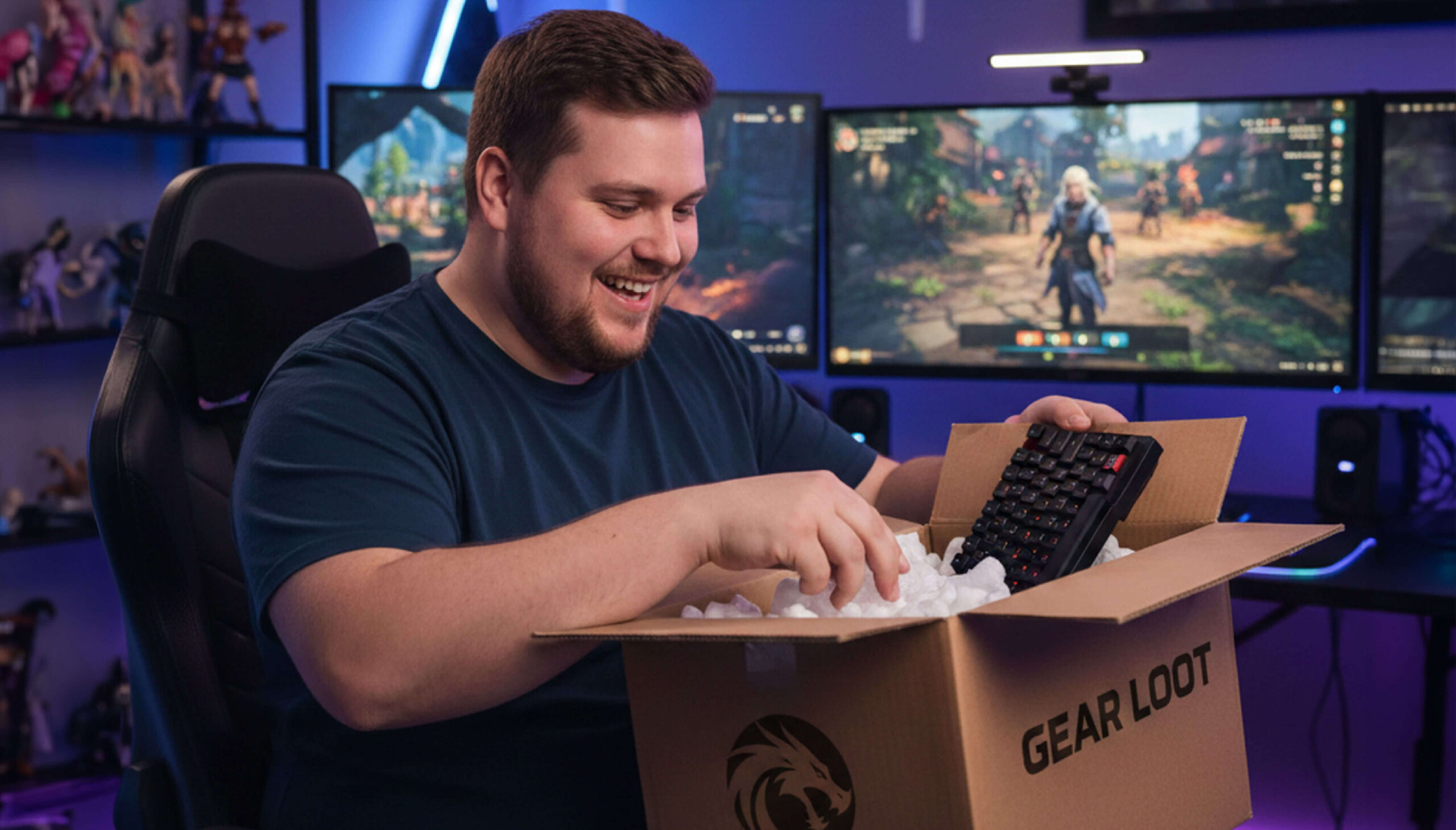Gamer unboxing keyboard in gaming setup.