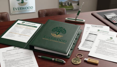 Branded real estate closing documents on desk